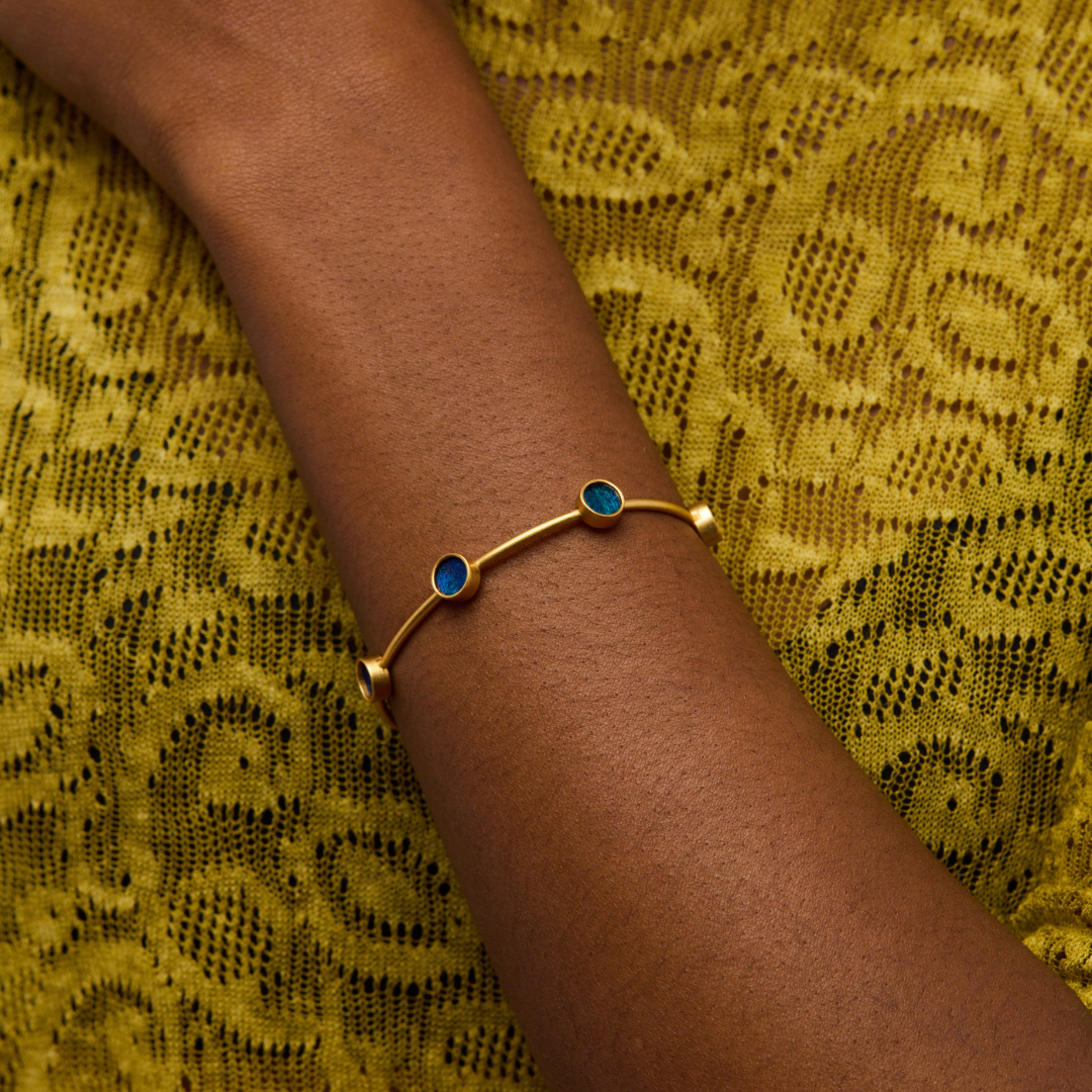 Blue and Gold Bracelet - 24k Gold Plate & Peacock Feathers
