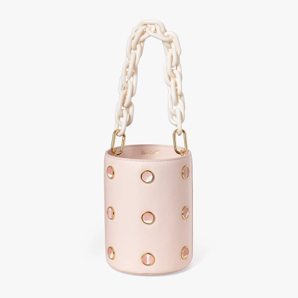 chain detail mini bucket backpack Light Pink Leather Bucket Bag – Feather Inlays