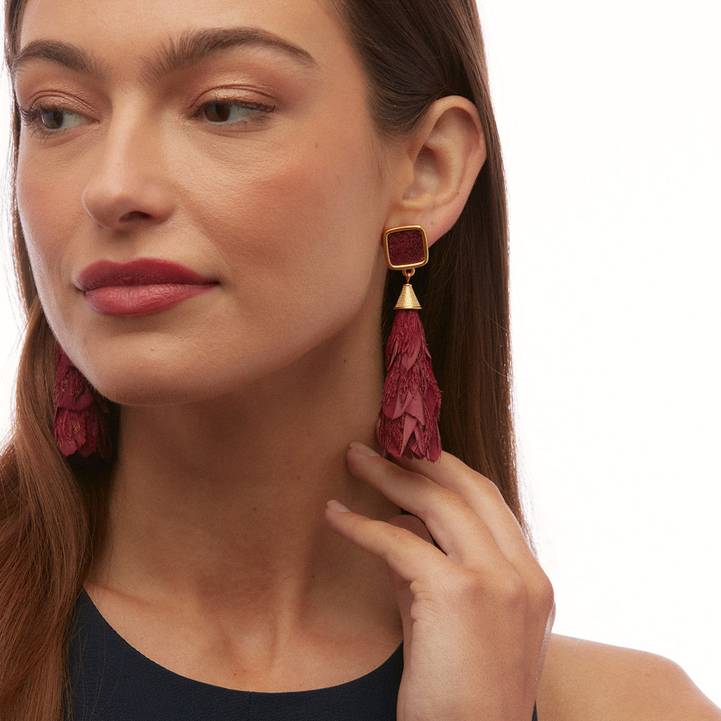 Aleutian Burgundy Peacock Feather Statement Earring