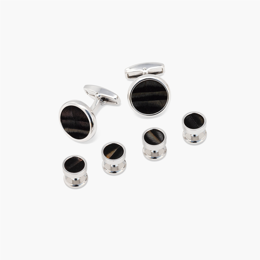 Cufflink and Studs Set - Natural Black Turkey Feathers