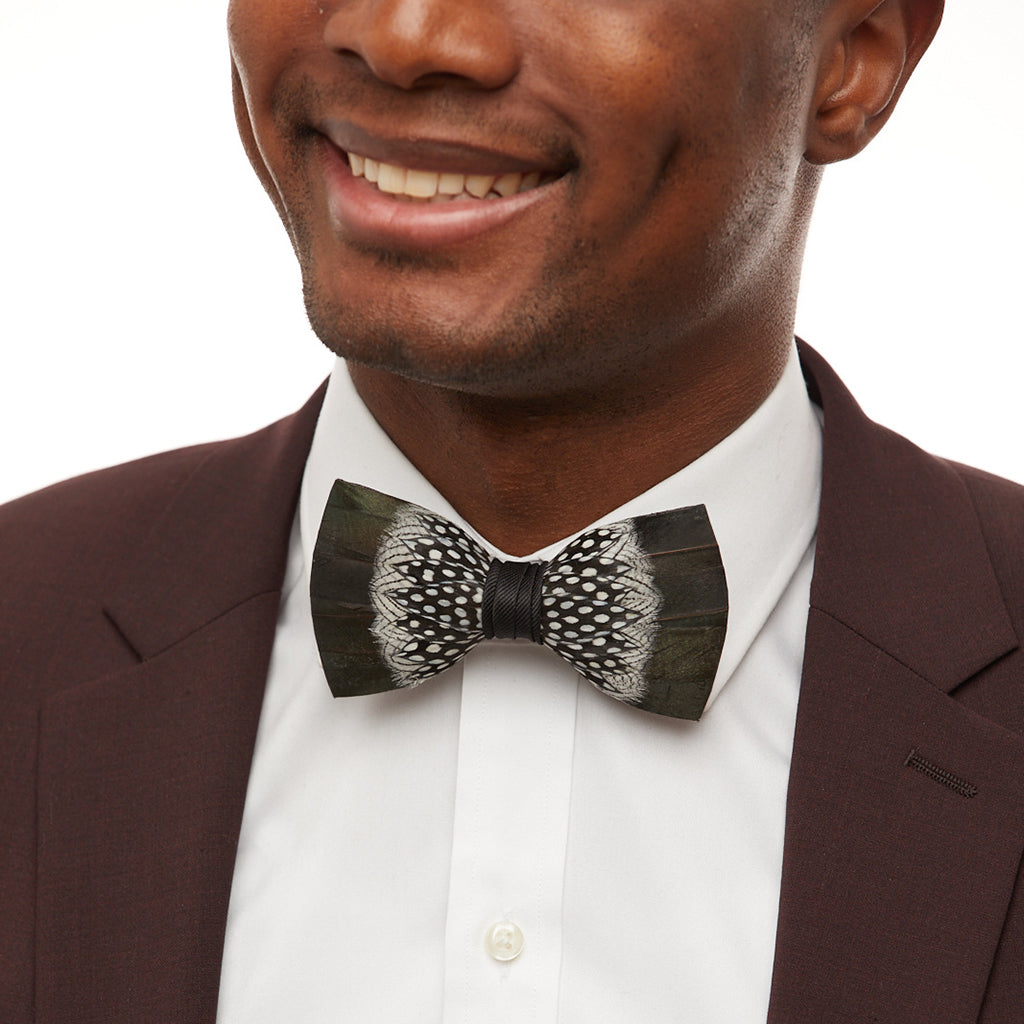 Blue-Green Feather Bow Tie - White & Black Polka Dot Border