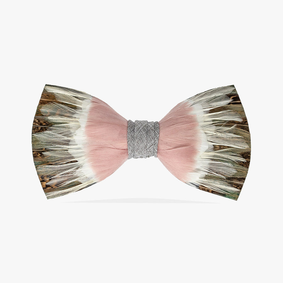 The elegant Royal bow tie featuring blush pink and soft brown feathers with delicate white and tan accents, complemented by a grosgrain center band.
