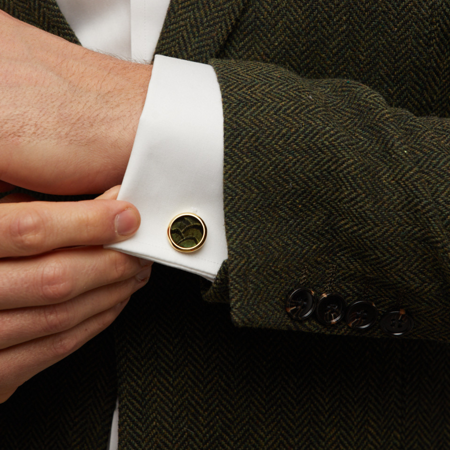 Dark Green Cufflinks and Studs Set - Natural Pheasant Feathers 24k Gold Plated Dark Green Cufflinks and Studs Set - Natural Pheasant Feathers 24k Gold Plated