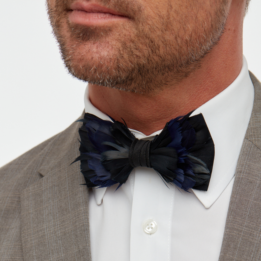 black dress shirt with blue bow tie New for 2016! Navy Blue @IkeBehar #Blake Tuxedo, 2-buttons Peak Lapel style with black shirt and bow tie #SmithsBT