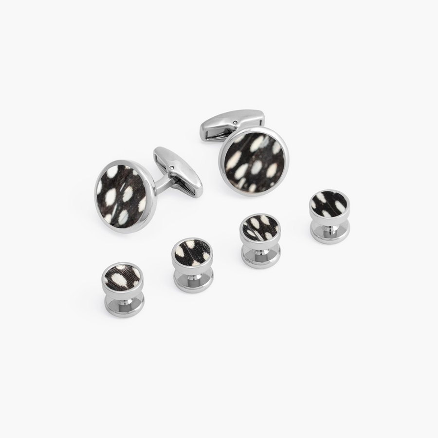 Cufflink and Studs Set - Natural Black & White Guinea Feathers