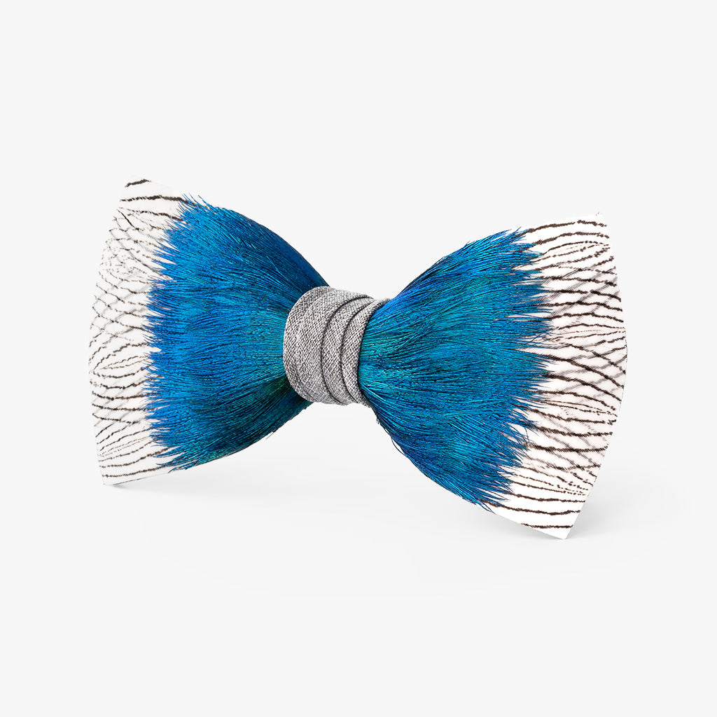 Men's Blue and Silver Bow Tie with Plumes and Feathers