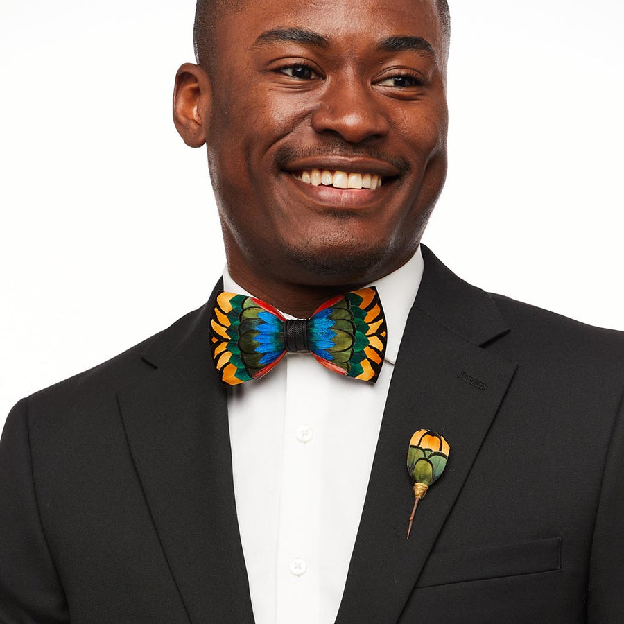 Bright Bow Tie with Peacock & Pheasant Feathers