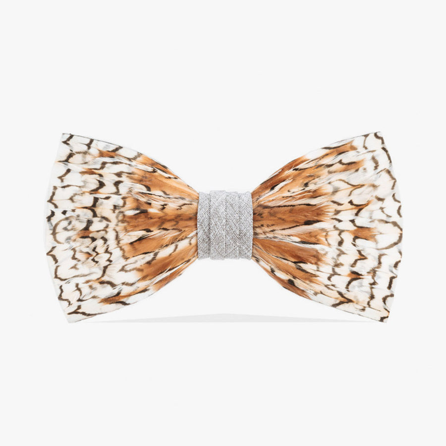 Exquisite Grey Bobwhite bow tie intricately designed with natural quail feathers, displaying a striking pattern of tan, brown, and white, accented with a light grey center wrap.