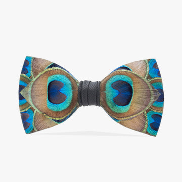 Handcrafted Hammock peacock feather bow tie featuring a symmetrical design with natural iridescent blues and greens, and a central black wrap for a sophisticated finish.