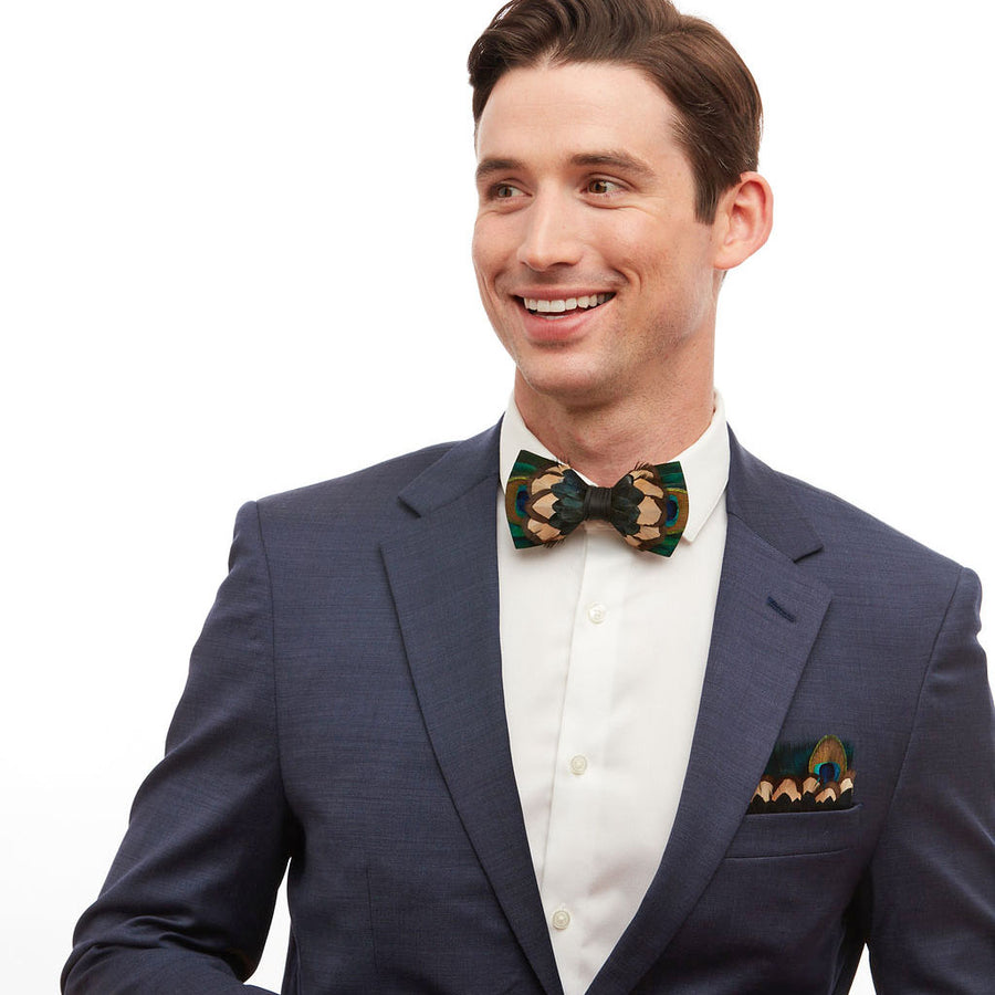 S Brannon Clothing - Give Dad a Magnificent BRACKISH Bird Feather Bow Tie  from S Brannon Clothing. Turkey, Peacock Feathers 'MIDNIGHT'. Each Bow Tie  is a One-of-a-Kind Piece Made of Sustainably Sourced