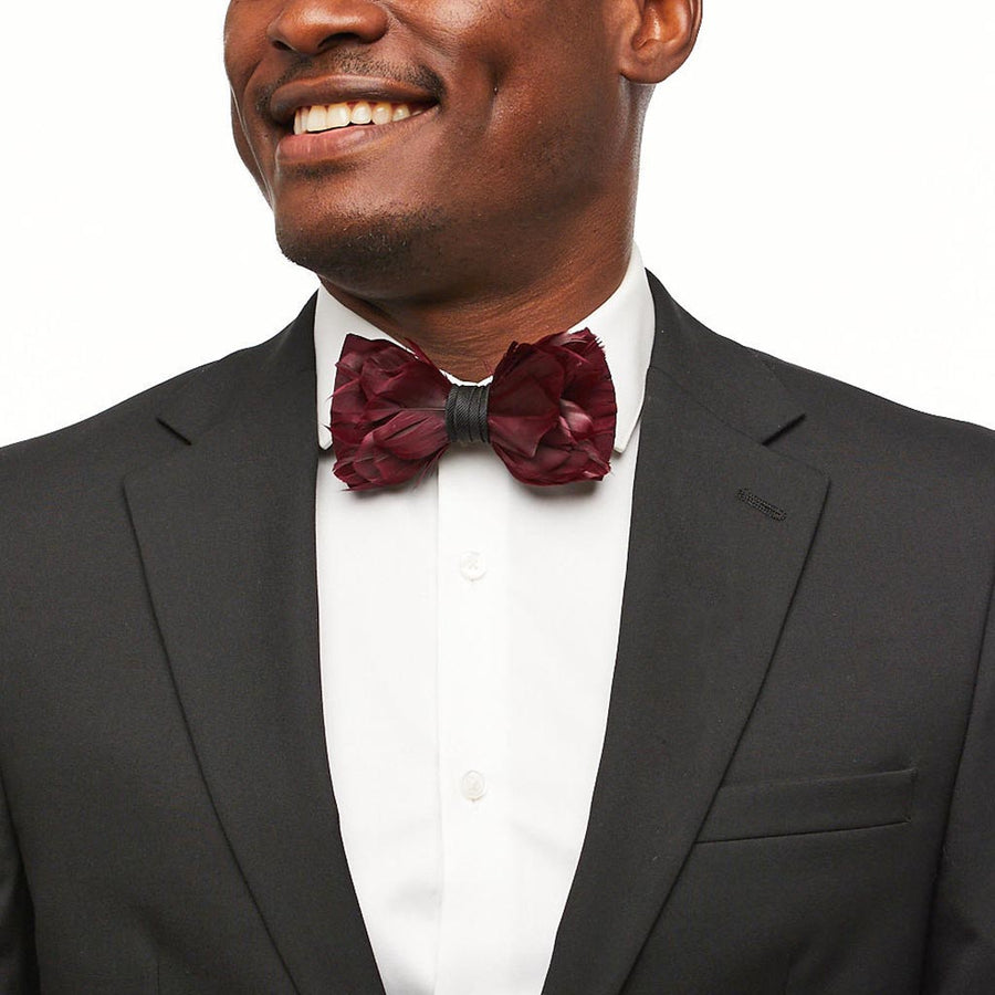 Black Red Feather Brackish Bowtie With Feather Lapel Pin – suit