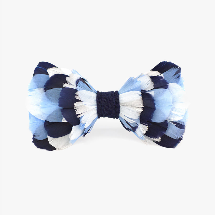 Summerall bow tie, perfect for spring and summer occasions, featuring a playful pattern of light blue, navy, and white feathers, with a navy center wrap, combining a fresh, seasonal style with classic elegance.